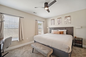Stay cozy in our king size bed in our master bedroom