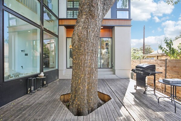Large Pecan Tree on Patio Surrounded by the Home with Propane BBQ Grill
