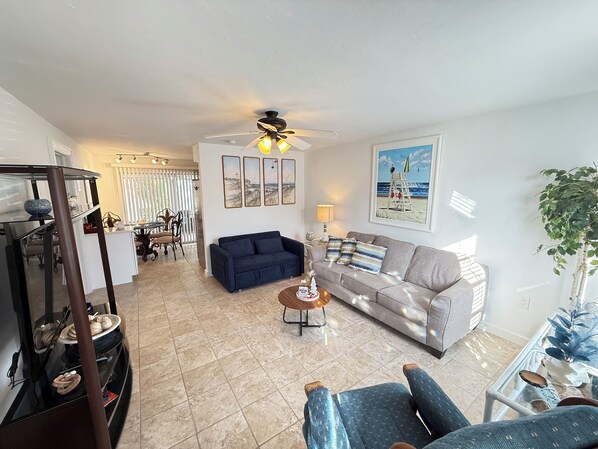Living room: with couch and sofa bed (blue sofa)
