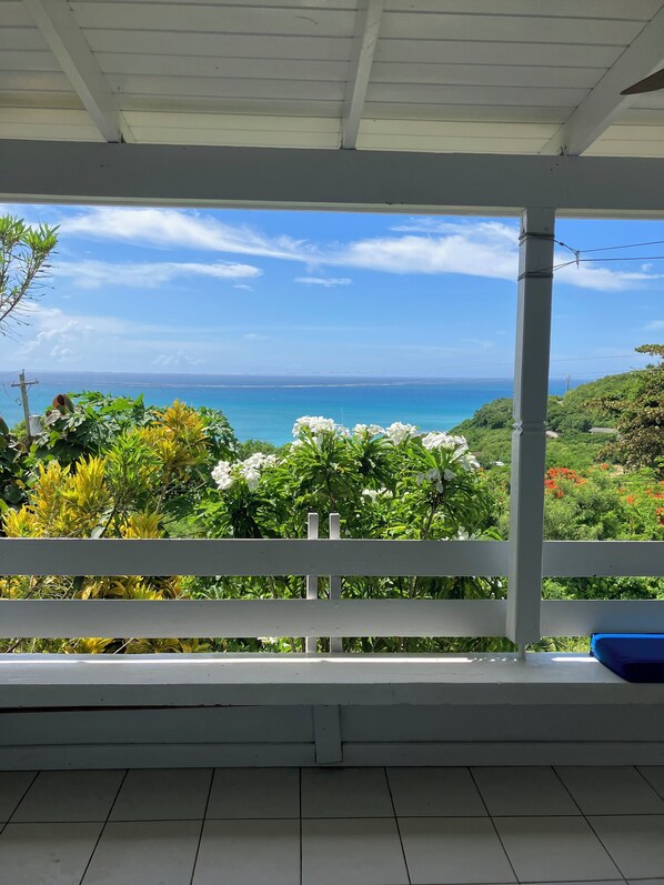 Patio with stunning views of Dickenson Bay beach