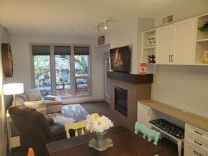A view from the kitchen of the living room