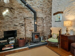 Wood burning stove, armchair, wood basket, TV