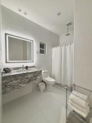 En-suite bathroom to primary bedroom. Rainfall shower with handheld shower head