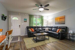 Plenty of comfortable seating in our recently redesigned living room to rest and relax after a day of exploring the area.