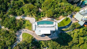 Aerial view of Hotel Mousai—luxury resort in Puerto Vallarta jungle.