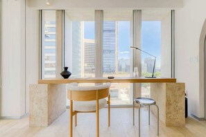 Quiet corner with desk and chair.


