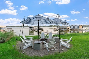 Firepit and umbrellas right outdoors