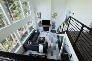 Great Room from Above - Features large sectional couch, gas fireplace, smart TV