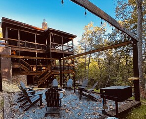 Gravel pad 16 x 16 with firepit and 8 Adirondack chairs, park charcoal BBQ 