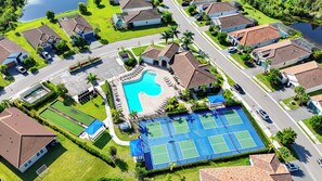 Full size pool with lap area and swim area.  4 tennis courts and so much more!