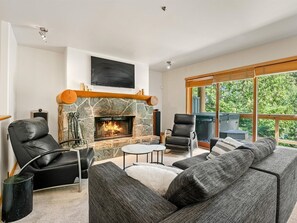 Living area: Wood burning fireplace, TV, access to private patio