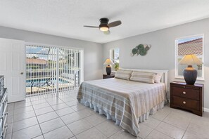 Primary bedroom with king bed, attached bathroom and lanai access