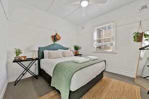 Bedroom - Queen Bed, Ceiling Fan + Clothes Rack