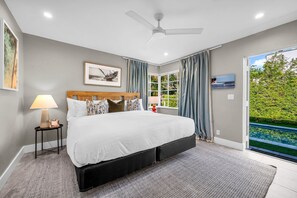 King bed, direct access to the pool, en-suite bathroom, walk-in closet with private safe, and smart streaming TV.