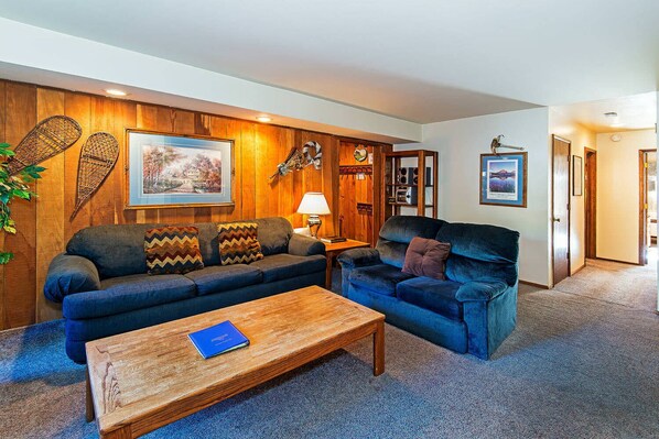 Living room w/ sofa sleeper, TV, DVD player, wood burning fireplace