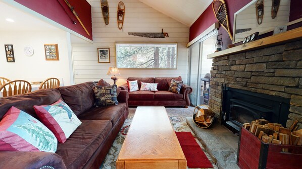 Living room with Smart TV, DVD player, and wood burning fireplace