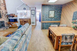 Living room, TV, BlueRay DVD player, wood burning fireplace