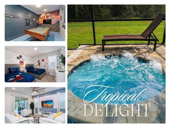 Fun space with a game room, cozy bedrooms, and a relaxing hot tub outside.