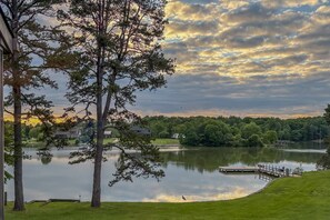 View of the lake from one of the many outdoor seating options
