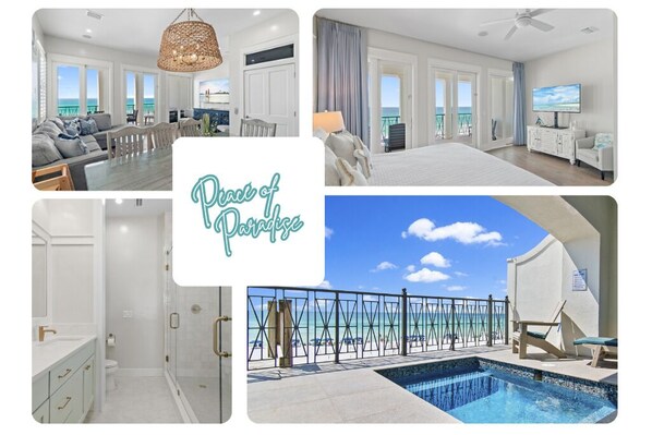 Peace of Paradise is a Beachfront, Updated, Fully-stocked Home with HUGE views of the beach and Gulf of Mexico. 5 Bedrooms (10 BEDS), 4 Bathrooms provides plenty of space for your whole group!