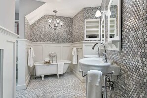 Gorgeous Upper Level Master Bedroom Ensuite Bathroom with Soaking Tub and Standing Shower fit for a Victorian king and queen.  