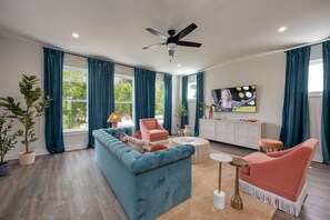 Open concept living room with comfortable seating