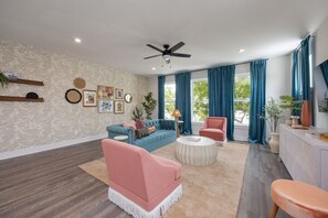 Open concept living room with comfortable seating