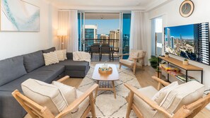 With open-plan living, this apartment seamlessly flows from one room to another. The large, spacious, private balcony not only offers stunning views of the ocean, river and Hinterlands, but also grants the apartment natural light and a gorgeous vibe.