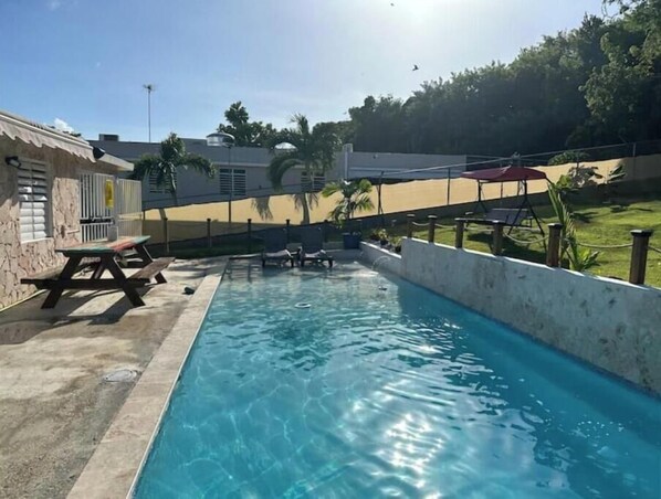 Big private beach entrance pool (no steps) in private, fenced in backyard
