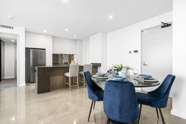Share sumptuous meals with the family in this sophisticated dining area