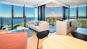 This modern and stylish apartment, located on the impressive 44th floor, offers panoramic views that will take your breath away.