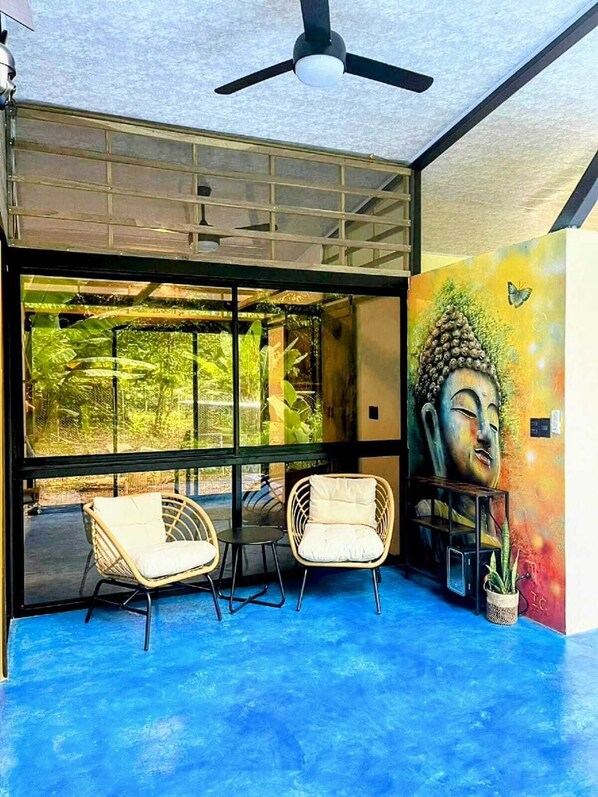 Outdoor Buddha seating  w/ amenities for sunning & a sip and dip by the pool 