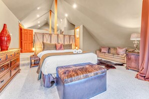Bedroom 1: Master bedroom, king, club chair, couch, 42” Smart TV, separate study, private balcony, en-suite bath, 2nd floor