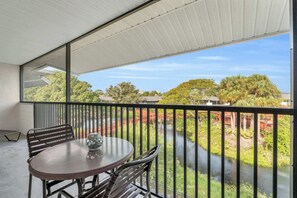 There are resort and lake views from the third floor screened and covered lanai 