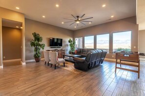 A living room suitable for relaxing or entertainment.