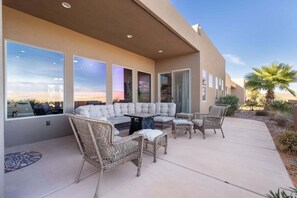 The outdoor firepit makes winter months cozier and summer months a lot s'more fun!