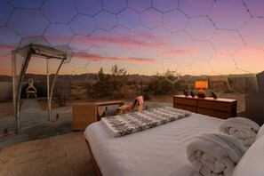 Inside the Dome at Sunset with Chiminea Fired Up for Ambience or Cooking