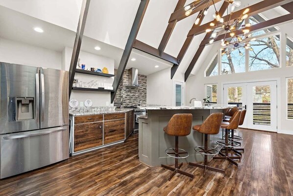 Indoors, Refrigerator, Hardwood, Kitchen, Kitchen Island