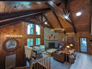 Fireplace, elevator, walk out to deck area. Stairs are very wide and not steep!!