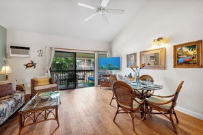 Condo has vaulted ceilings.