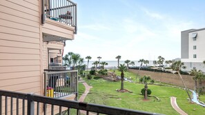 Balcony views of the pools and ocean.