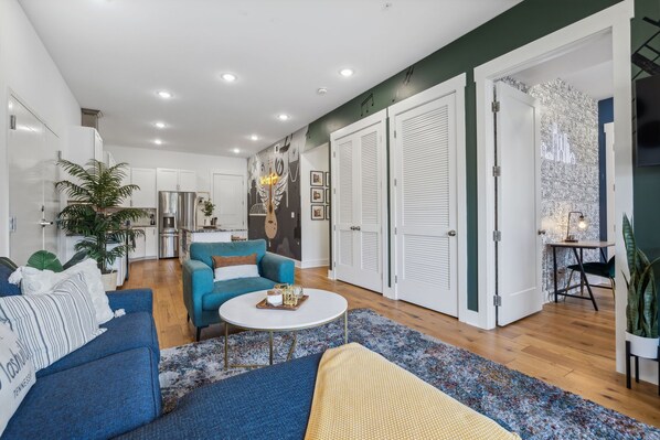 Unwind in a modern haven, designed for both style and relaxation. Watch your favorite show on the Smart TV after a fun day of exploring Nashville.