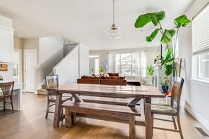 Dining room table fits 10 comfortably.