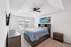 Indoors, Ceiling Fan, Bed, Furniture, Bedroom