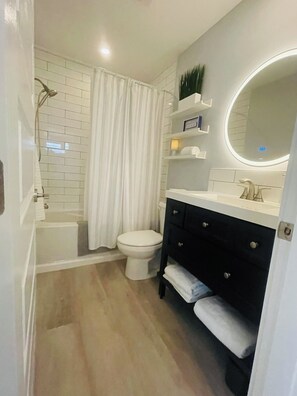full size bathroom with tub, shower, toilet and modern sink