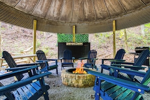 Converted grain silo with firepit area and chalkboard guestbook!