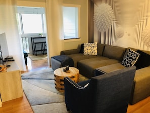 Living room. Extra wide sofa, size of a twin bed.
