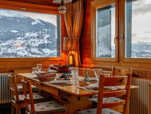 Furniture, Chair, Mountain Range, Kitchen & Dining Room Table, Wood Stain, Winter, Hardwood, Light Fixture, Cabinetry, Dining Room