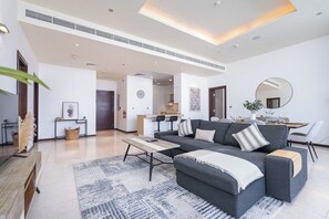 Spacious living room and open kitchen