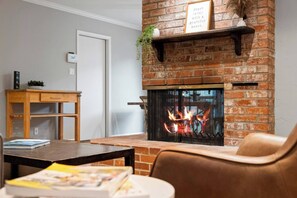 Cozy wood burning fireplace 